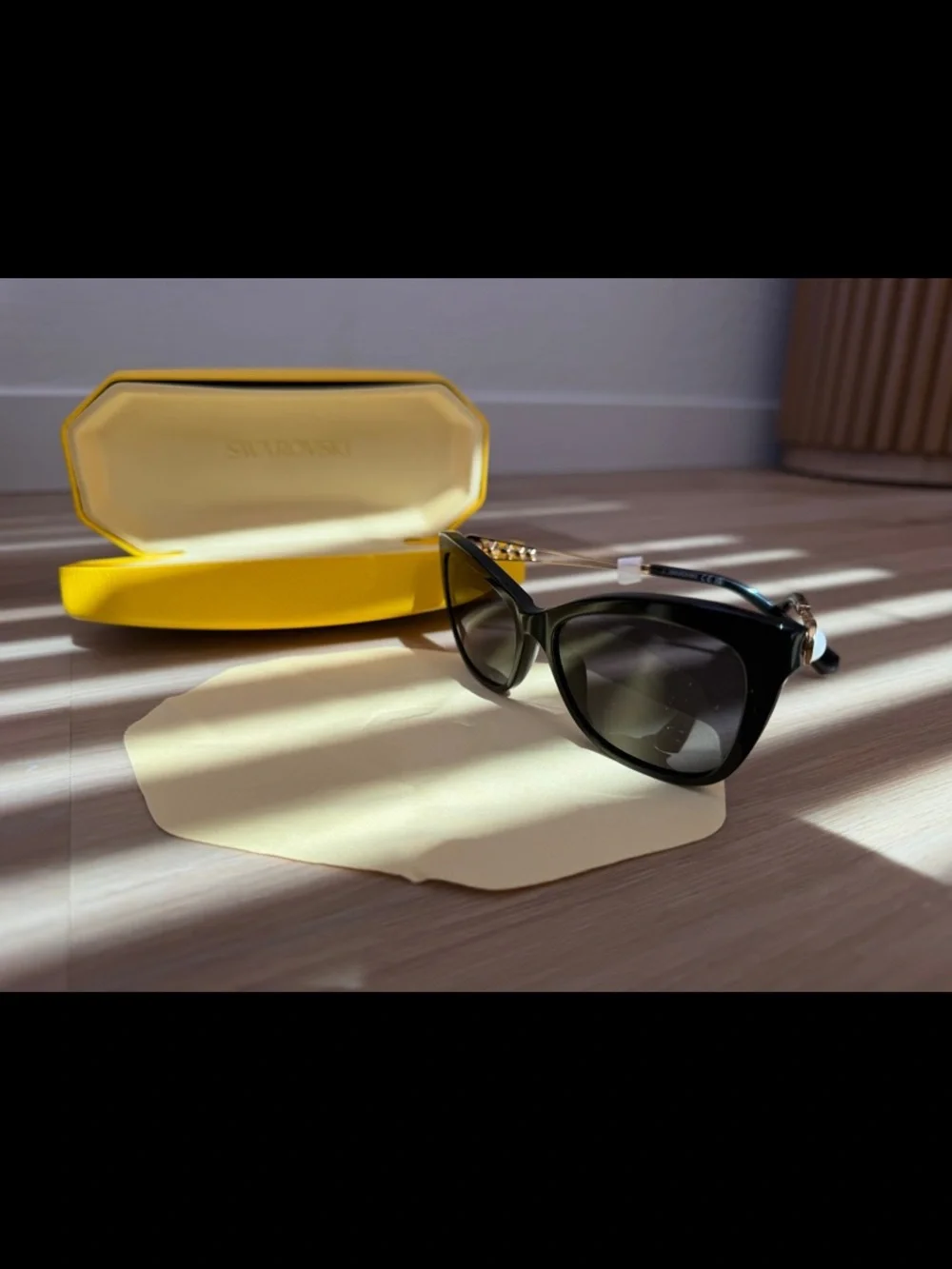 Swarovski Black Sunglasses with Gold Arms, Crystals and Pearl